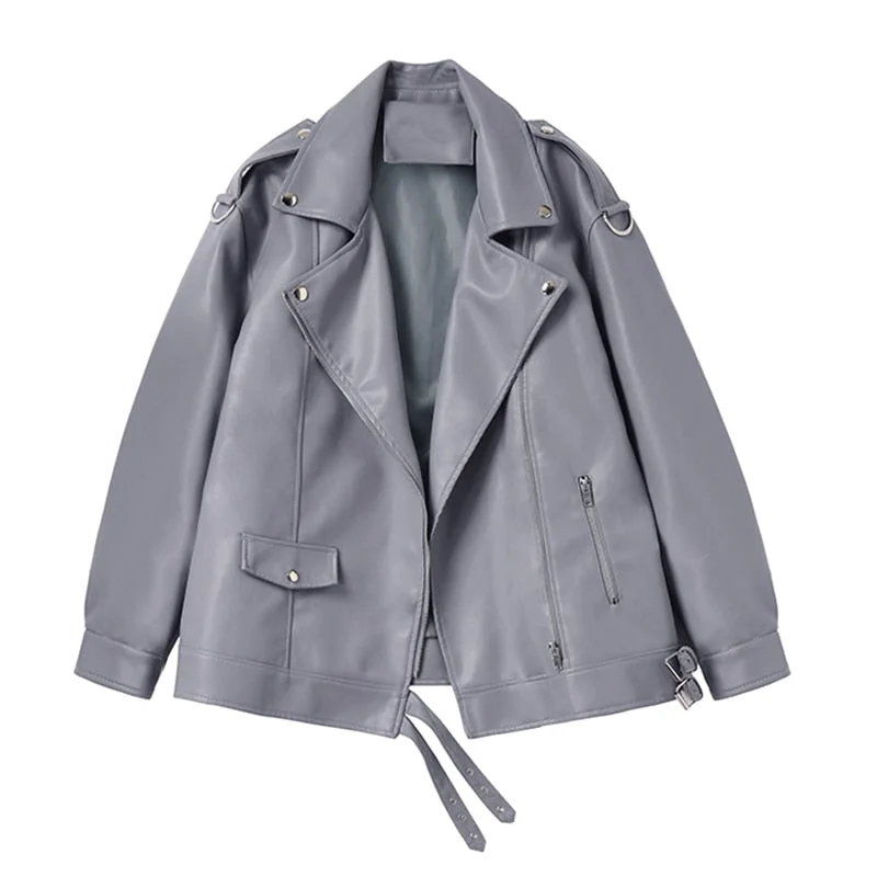 FTLZZ Spring Autumn New Women Soft Faux Leather Jacket Motorcycle Zipper Loose Pu Punk Coat Female Rivet Casua BF Style Overcoat