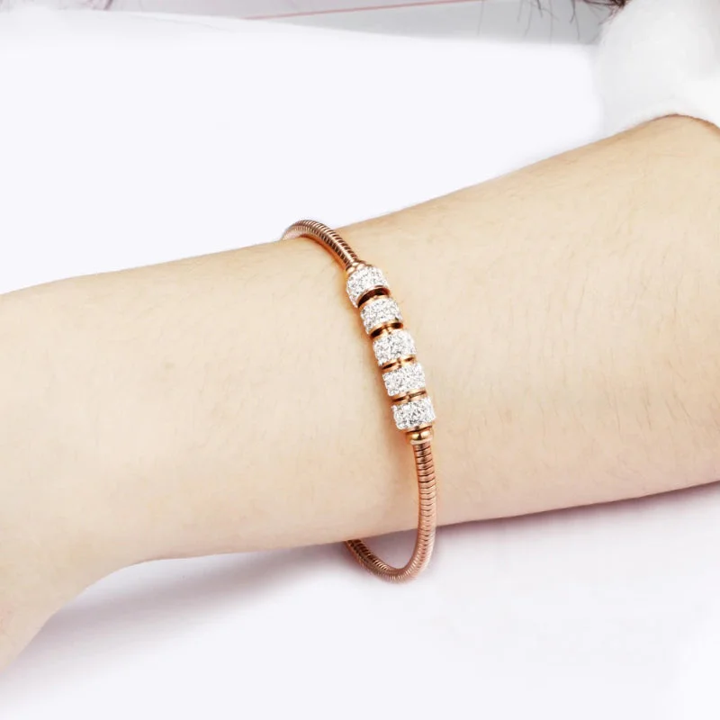 Rhinestone Studded Cylinder Charm Stainless Steel Bangle Bracelets