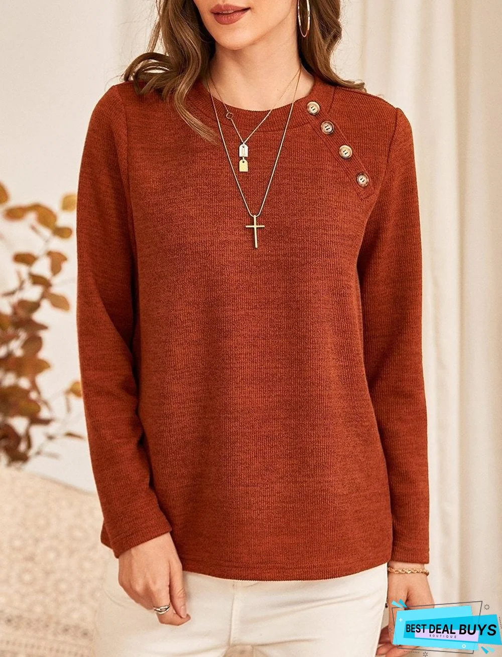 Pure Color Knitted Button Decoration Casual Round Neck Long-Sleeved Pullover