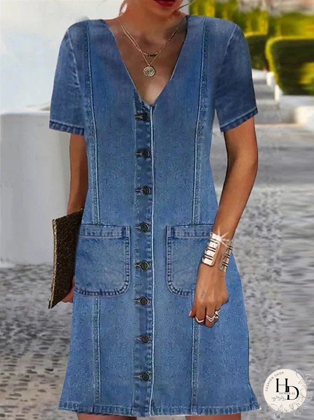 Casual Dress Denim Shirt Dress Midi Dress Denim Fashion Modern Outdoor Daily Vacation V Neck Button Pocket Short Sleeve Summer Spring Regular Fit Blue Plain S M L XL 2XL for Women