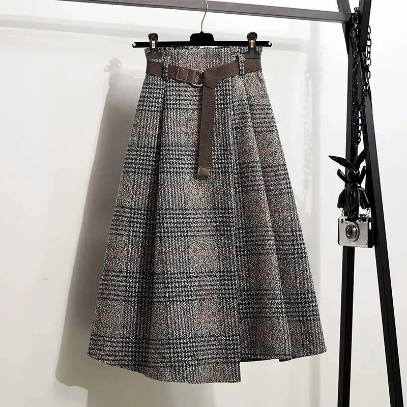Autumn Winter Women's Long Skirts Elegant Streetwear Irregular Plaid Skirt Woman Fashion with Belt A-Line Skirts New