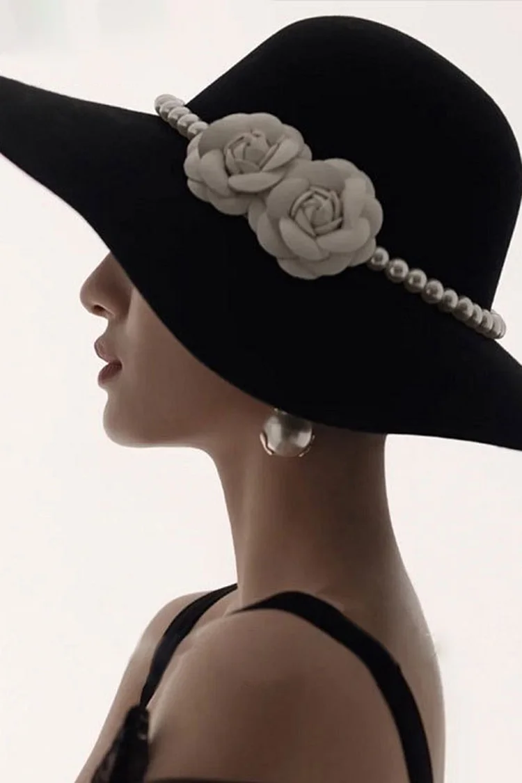 1950s Black Daily Elegant Pearl Flower Decor Hats