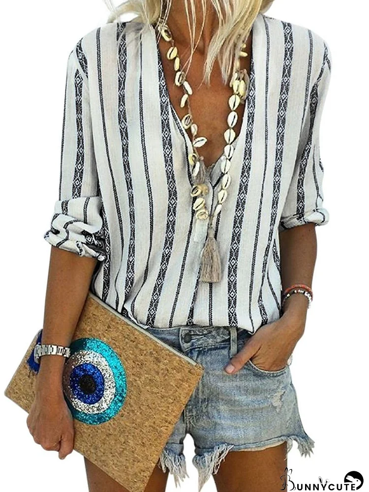 Bohemian Chic Striped V Neck Button Up Top