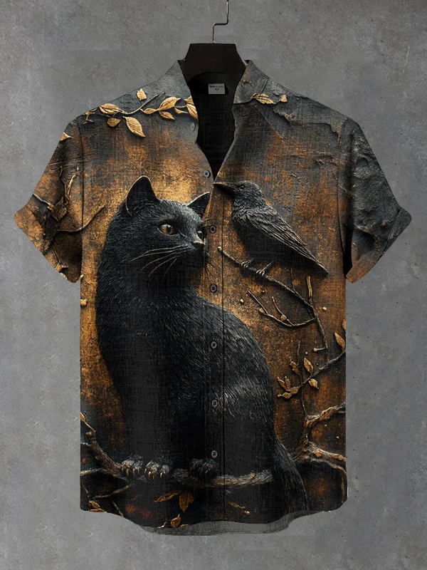 Men's Black Cat And Raven Art Print Short Sleeve Shirt