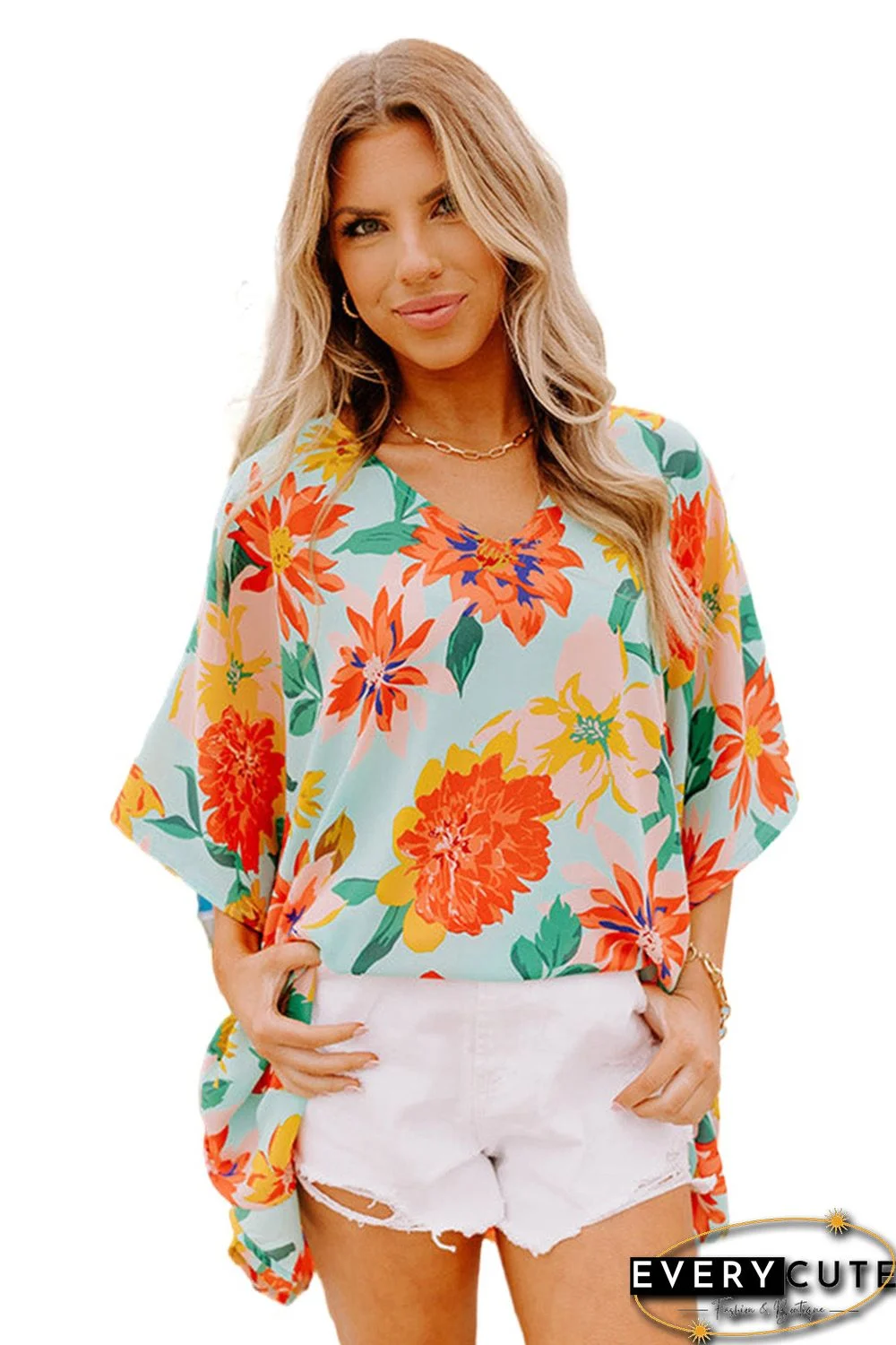 Sky Blue Floral Print Loose Half Sleeve V Neck T Shirt