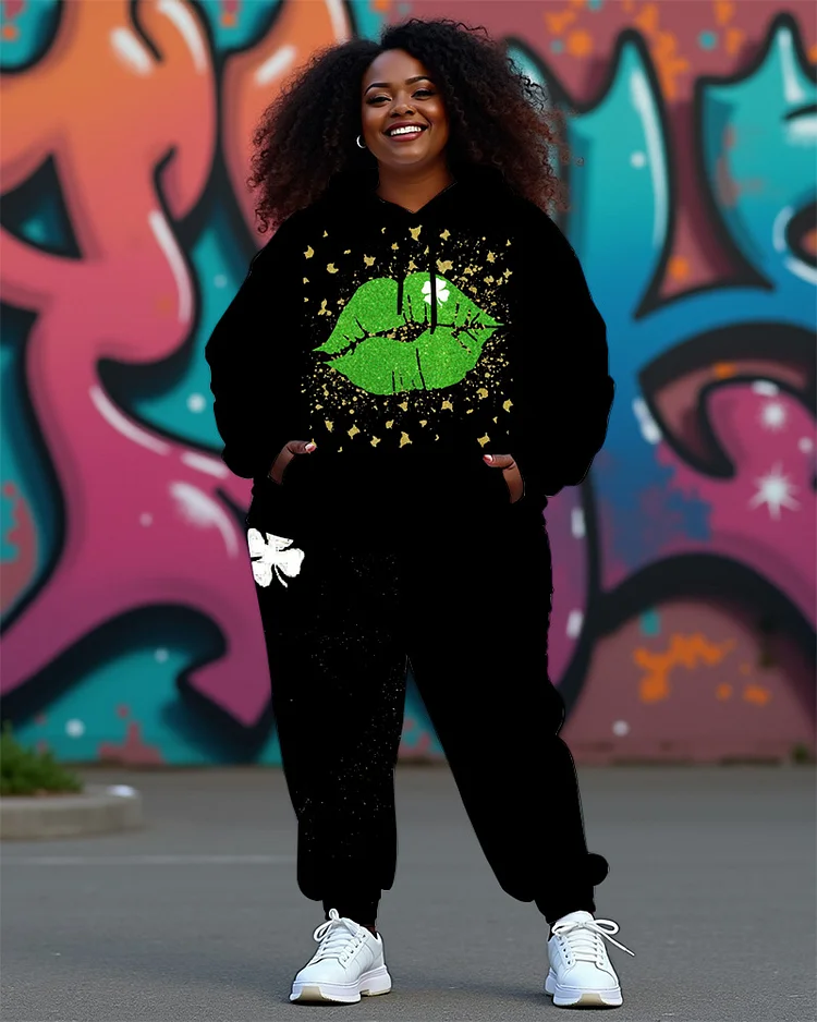 Women's Plus Size Happy Patrick's Day Hoodie and Pants Set