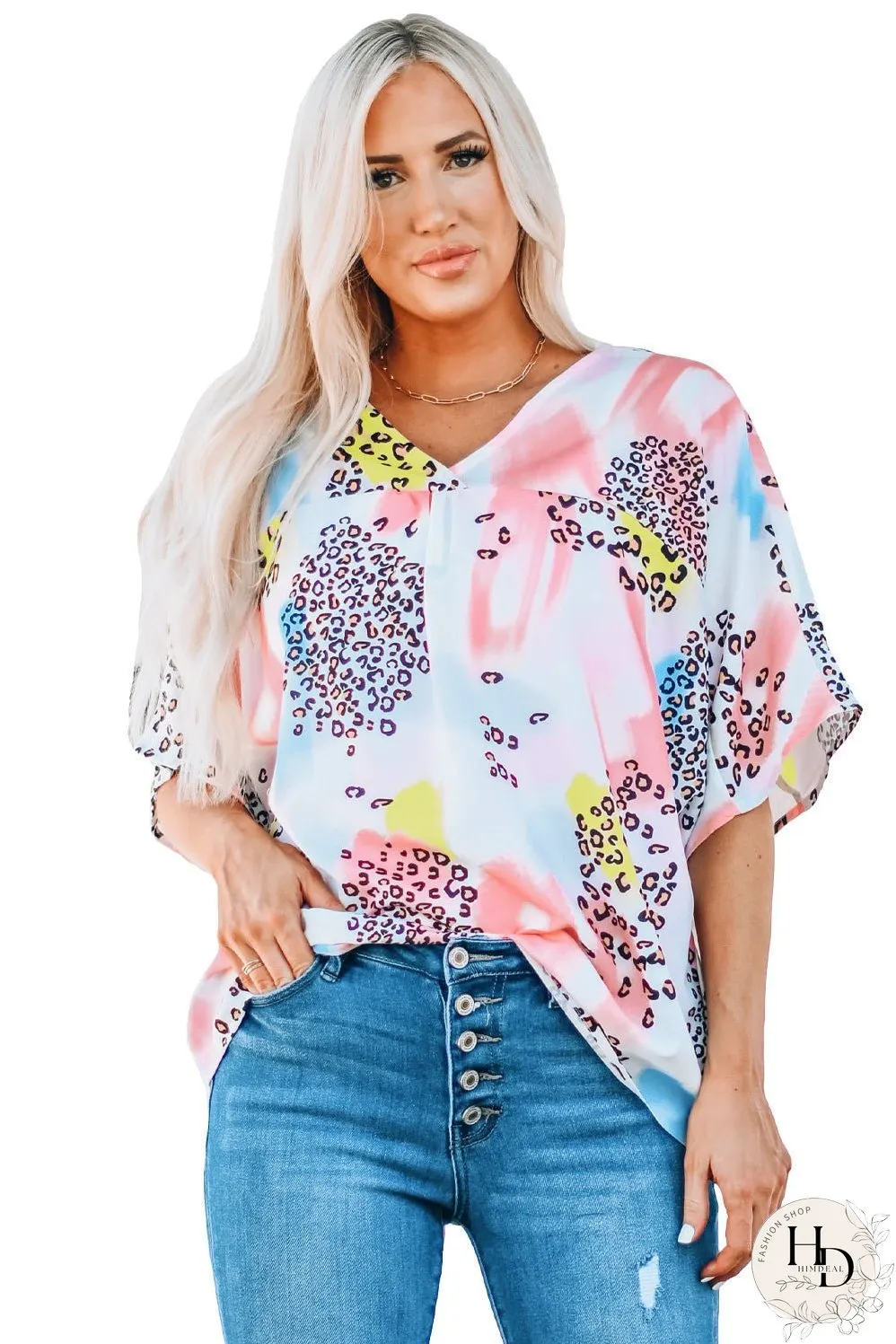 Whimsical Watercolor Animal Print V-Neck Blouse
