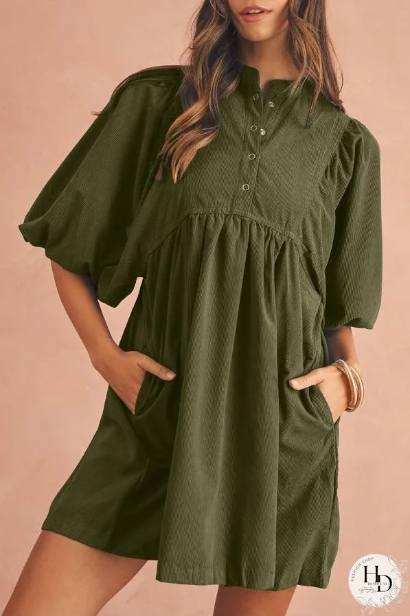Vineyard Green Snap Button Empire Waist Lantern Sleeve Corduroy Dress