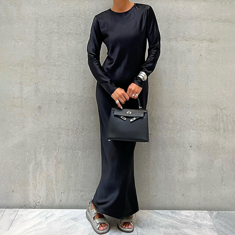 Ootddress Hollow Out Satin Fashion Maxi Dress Female High Waist Slim Scoop Neck Long Sleeve Dress Solid Zipper Party Dress Summer