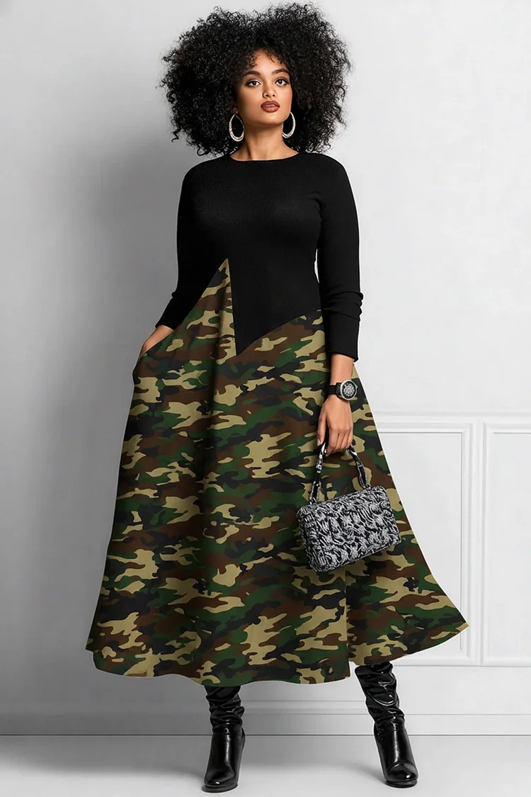 Xpluswear Design Plus Size Daily Black Camo Round Neck Long Sleeve Pocket Elegant Midi Dresses 2024 - Xpluswear