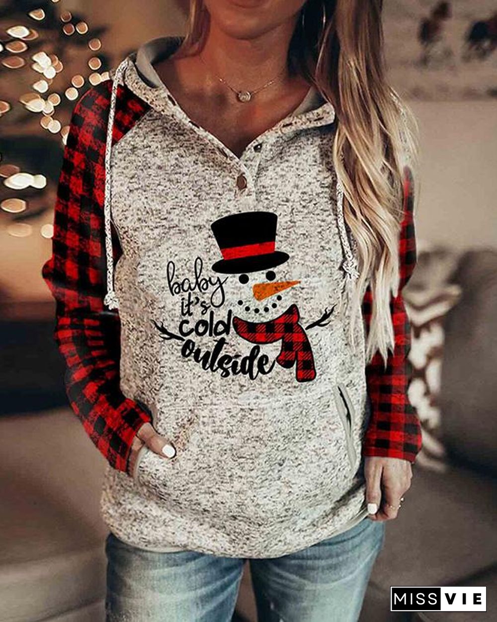 Women's Christmas Print Plaid Sleeve Sweatshirt