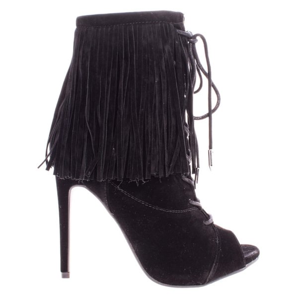 Pompeo Boho Peep Toe Fringe Ankle Boots w/ Corset Lace Up High Heel Shoes - Shop Trendy Women's Clothing | LoverChic