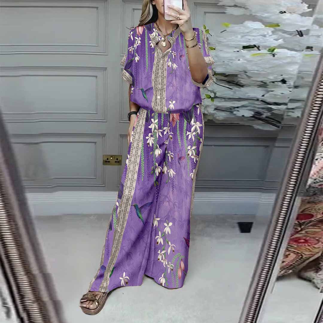 Women Floral, Purple, Pink DZDL1136 V-neck Short Sleeve Blouse and Pants Set