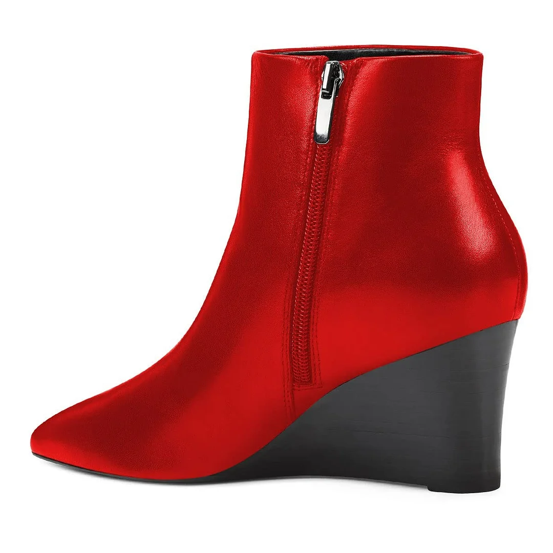 Fashion Red Closed Pointed Toe Side Zipper Wedge Heel Booties