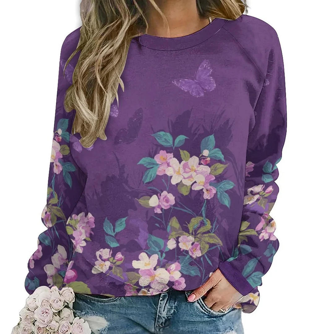 Printed Long Sleeve Casual Sweatshirt for  Women and Men Unisex Pattern Floral, Purple, Pink