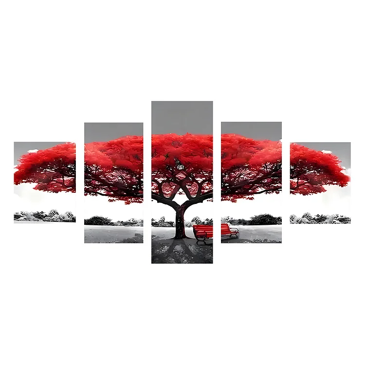 Five-Panel Painting - Red Tree Of Life 100*50CM (Canvas) Full Round Drill Diamond Painting gbfke