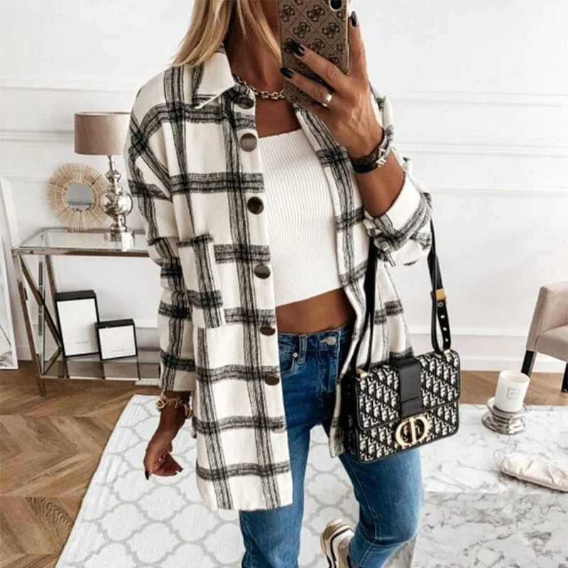 Autumn Winter Warm 2021 Elegant Turn-Down Collar Shirt Jackets Women Classic Plaid Casual Long Sleeve Coat Loose Streetwear