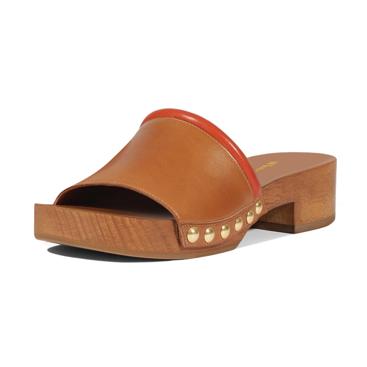 Tan Vegan Leather Open Round Toe Studded Platform Slides Shoes Nicepairs