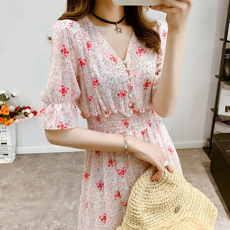 Short Sleeve Dress Women Floral Print Butterfly  Womens Elegant Summer Beauty Daily Trendy Elastic Waist Ins Button New