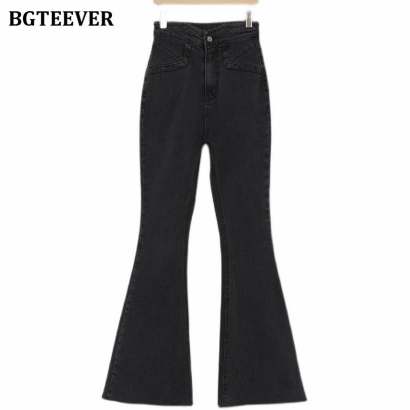 BGTEEVER New Autumn Winter Stylish Women Flare Jeans High Waist Button Ladies Pant Stretched Casual Female Denim Trousers 2021