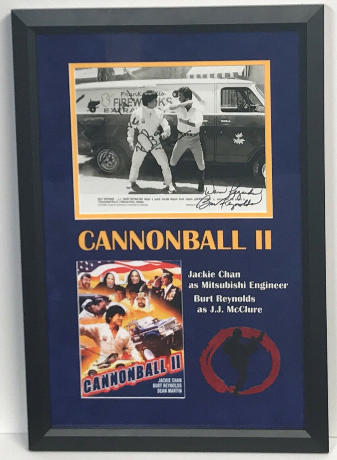 CANNONBALL II ORIGINAL Photo Poster painting FRAMED SIGNED BY BURT REYNOLS AND JACKIE CHAN