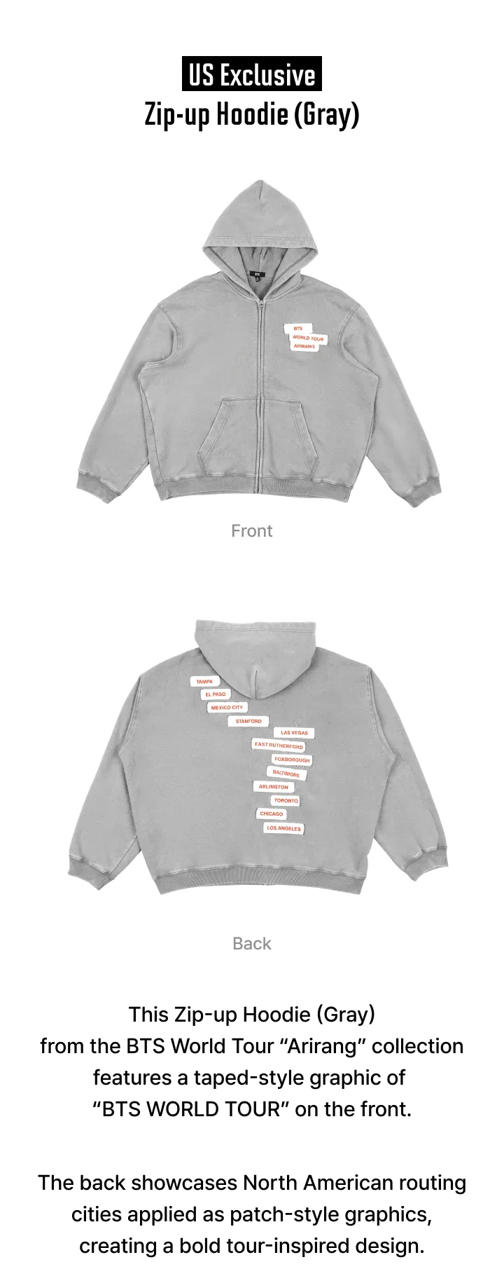 BTS Arirang World Tour US Exclusive Zip-up Hoodie (Gray)