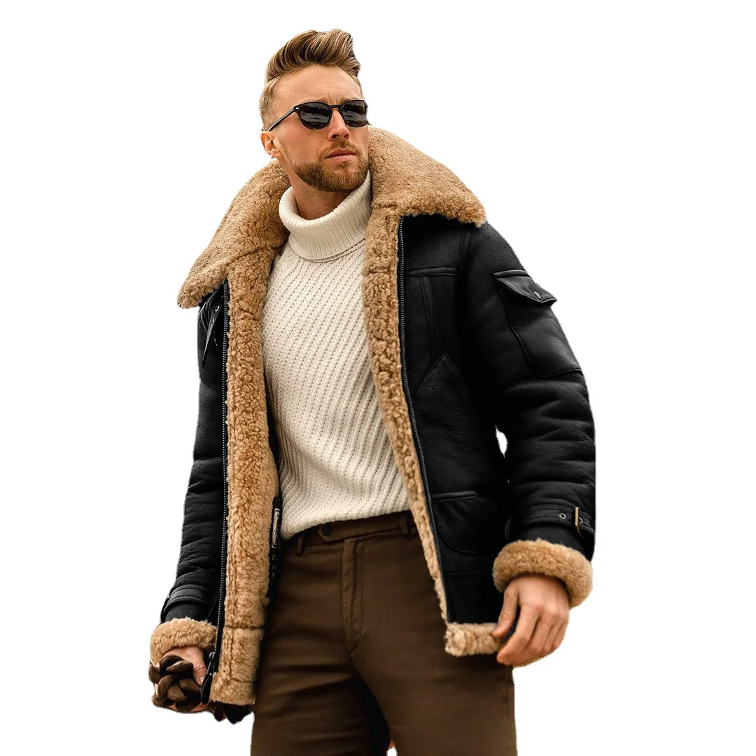 Men's Plus Size Frosted Fleece Plain Composite Leather Jacket Thick Coat Woolen Coat