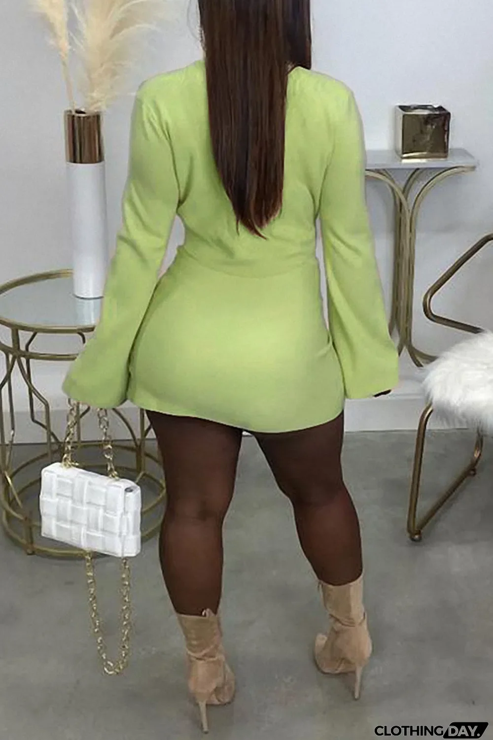 Light Green Casual Solid Split Joint Slit Half A Turtleneck Long Sleeve Two Pieces