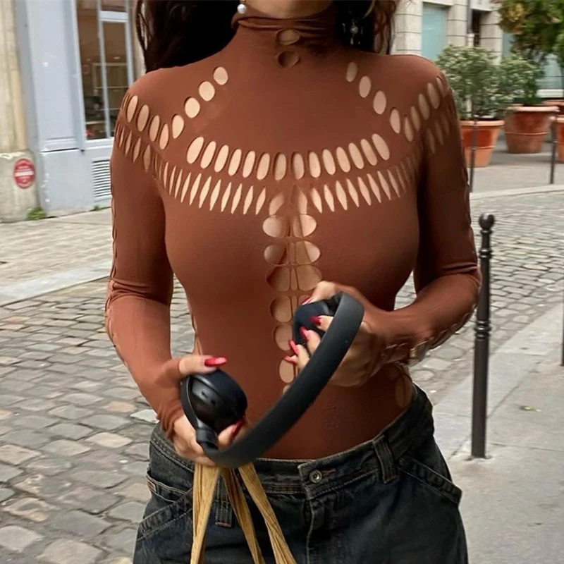 Brownm Brownm 2023 New Hot Girl Hollow Hole Spider Web High Collar Slim Onesie Woman