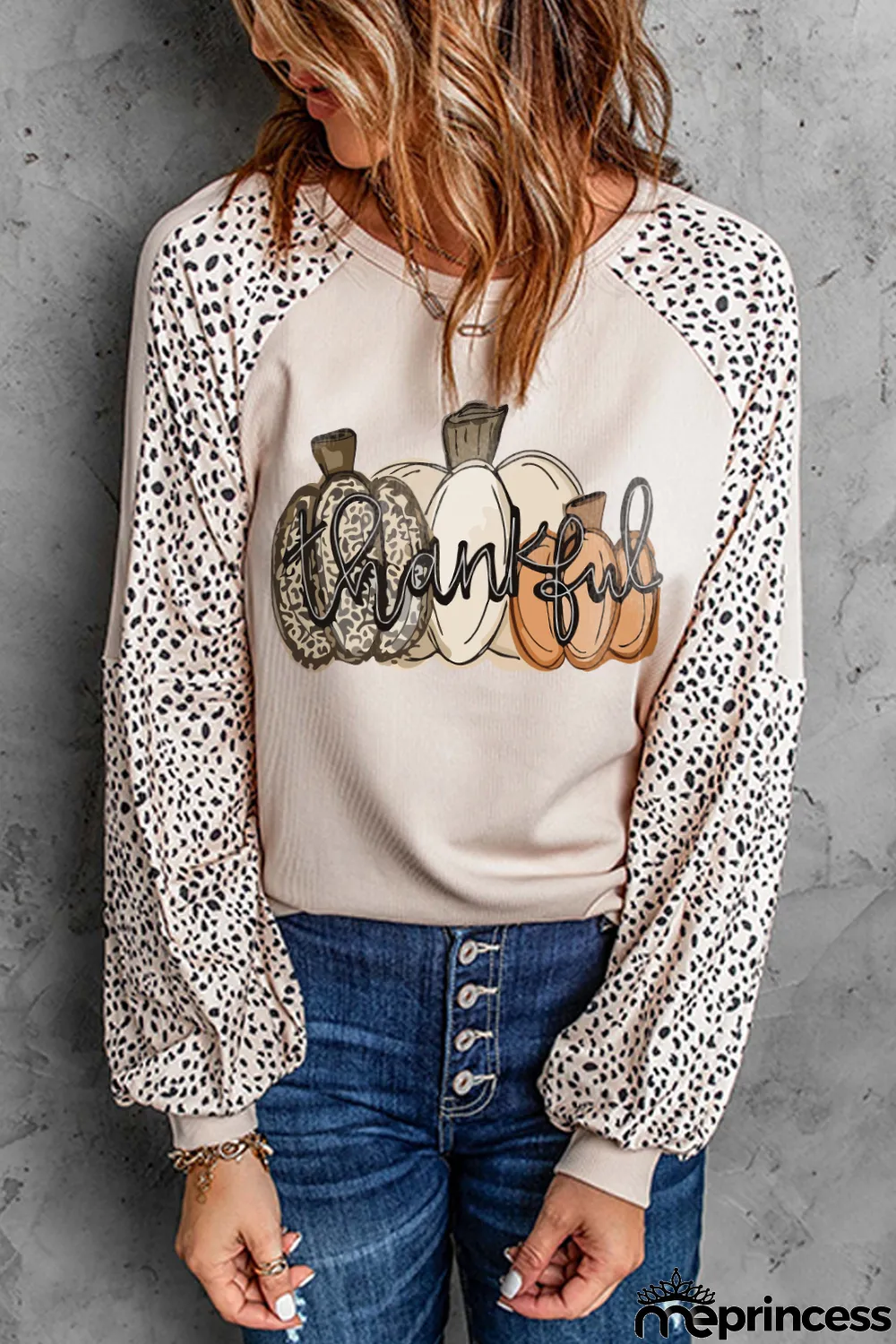 Khaki Thankful Pumpkin Leopard Print Long Sleeve Top