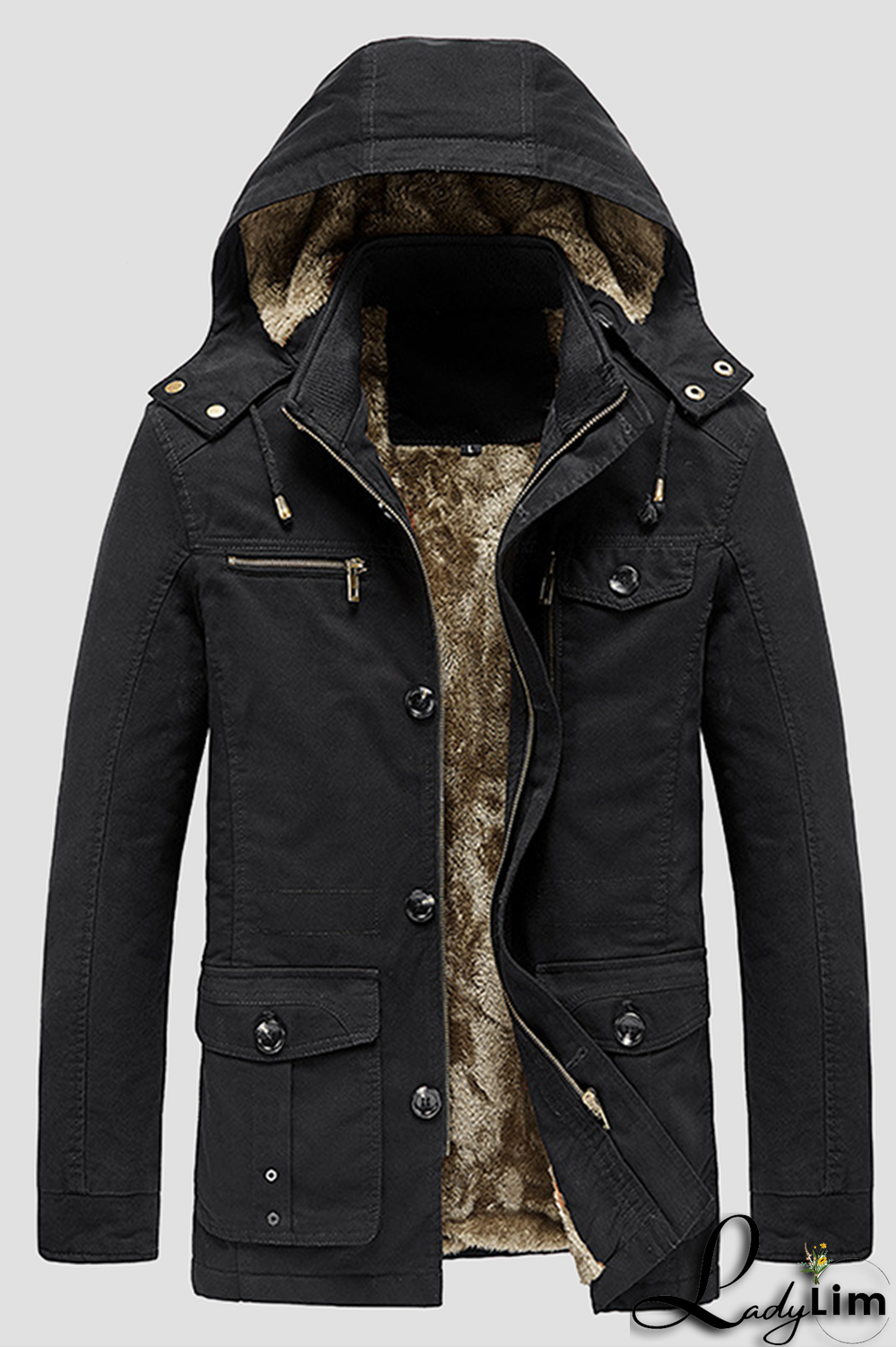 Earth Yellow Casual Solid Pocket Buckle Hooded Collar Outerwear