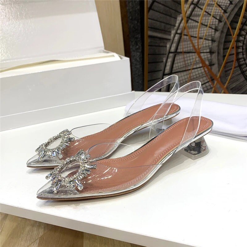 VCSHOES Sunflower Buckle Sandals Women 4cm Clear Crystal Strange Heel Pointed Toe Transparent PVC Rhinestone Shoes Woman