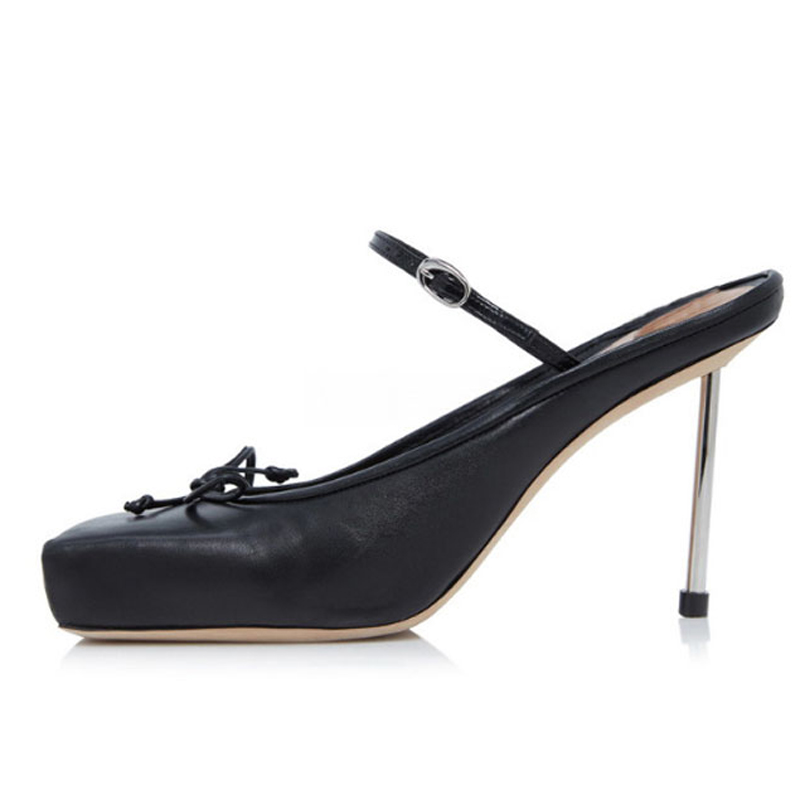 GOOSHOE Silver Thin Heels Women Square Toe Bow Sandals Middle Strap Mules High Stiletto Dress Shoes