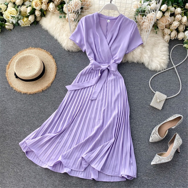 LANFUBEISI Autumn Fashion New Female Solid Pleated Dress Women V neck Short Sleeves Sashes Long Dresses Summer Streetwear Vintage Lanfubeisi