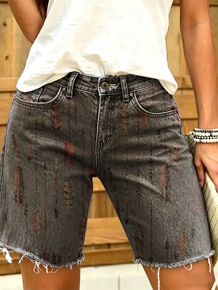 Women's Feather Arrow Print Frayed Hem Denim Bermuda Shorts