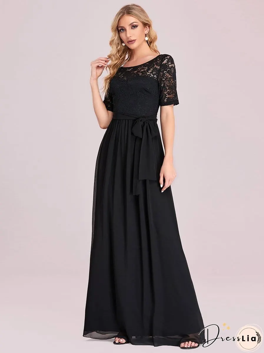 Sophisticated Lace Bodice Chiffon Maxi Evening Gown with Belt for Elegant Occasions