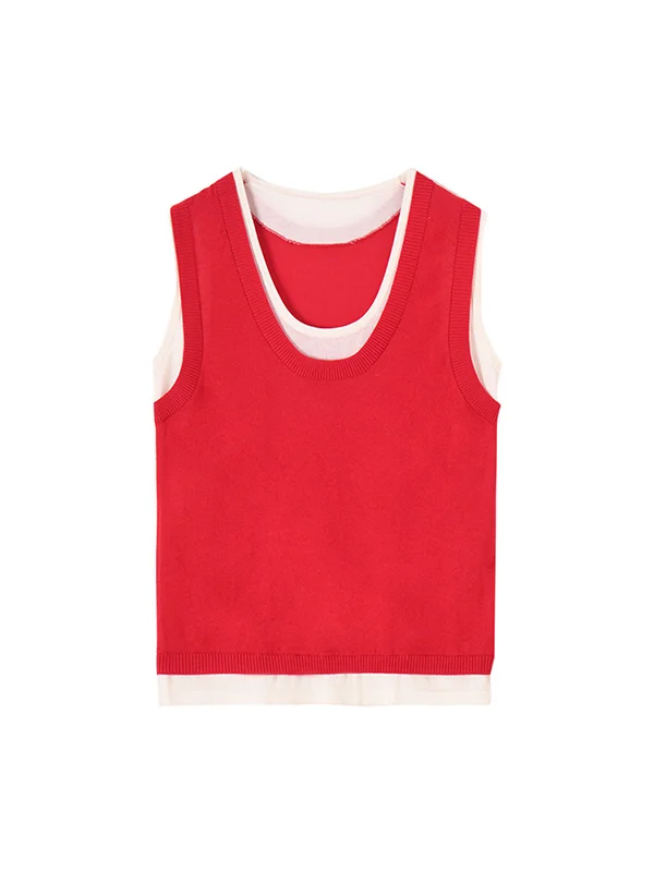 Split-Joint Contrast Color Sleeveless Loose Round-neck Vest Top