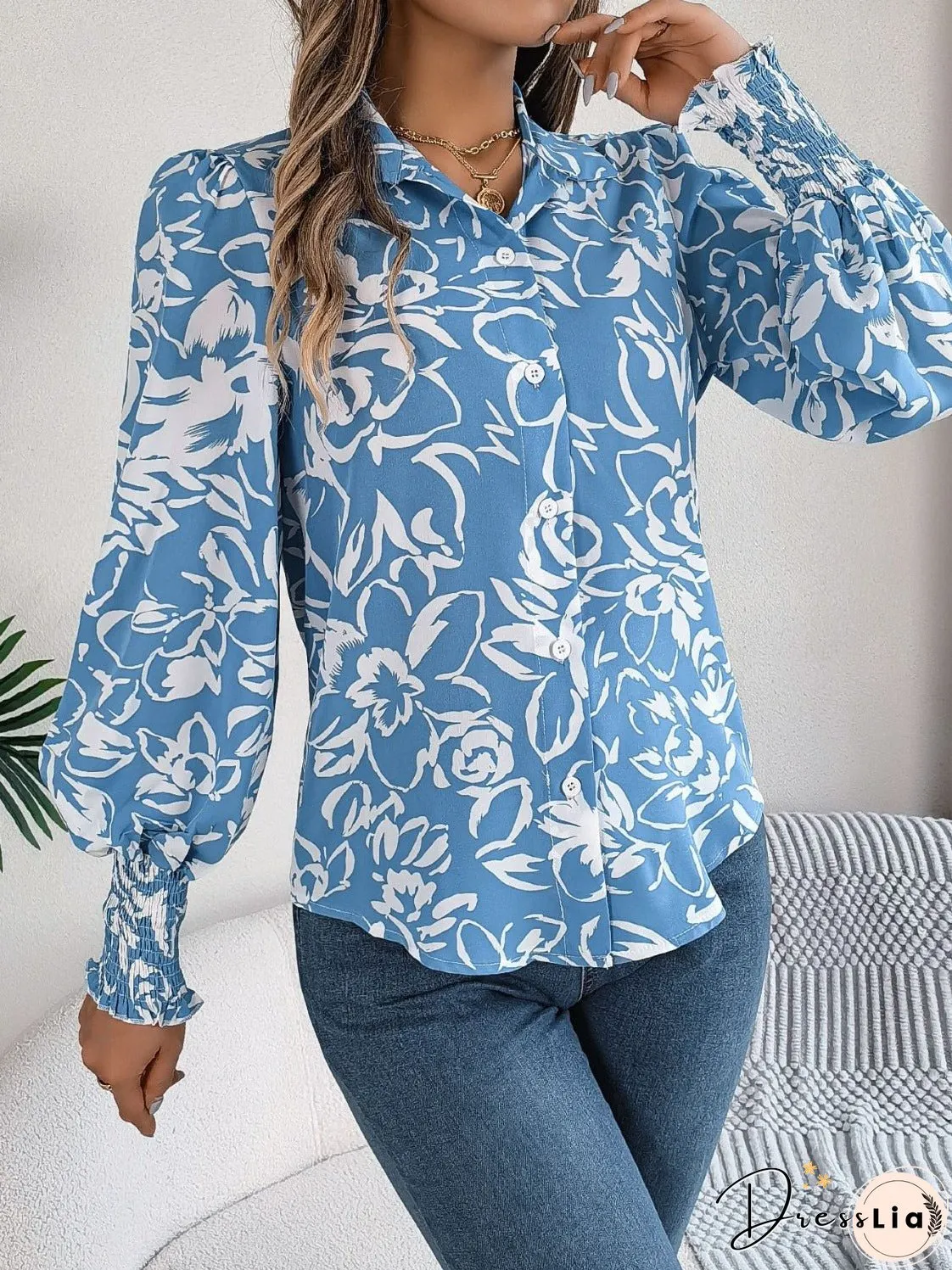 Printed Collared Neck Lantern Sleeve Shirt