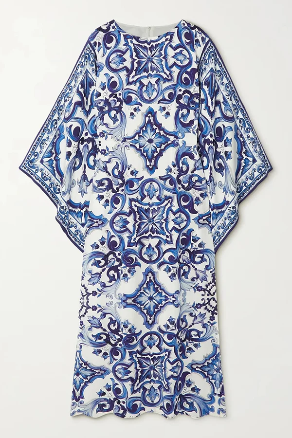 Blue and White Porcelain Print Loose Slit Maxi Dress