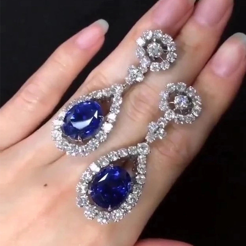 New Earrings Female Inlaid Sapphire Blue Zircon Long Copper Earrings