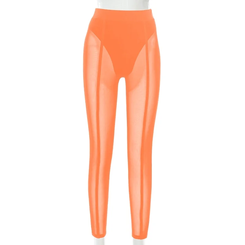 Hugcitar Pure Color Mesh High Waist Slim See Through Pants Leggings Skinny Sexy Streetwear Casual 2021 Women Autumn Winter