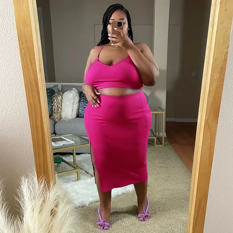 Plus Size Women Solid Top and Slit Sexy Skirt Two-Piece Set