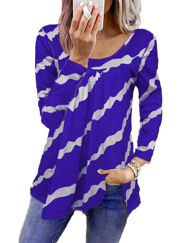 Women Long Sleeve Scoop Neck Striped Stitching Top