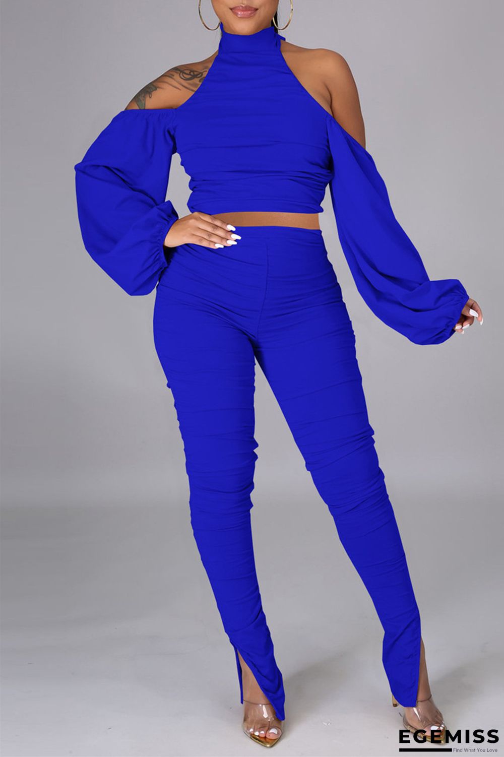 Royal Blue Sexy Solid Bandage Backless Fold Turtleneck Long Sleeve Two Pieces | EGEMISS