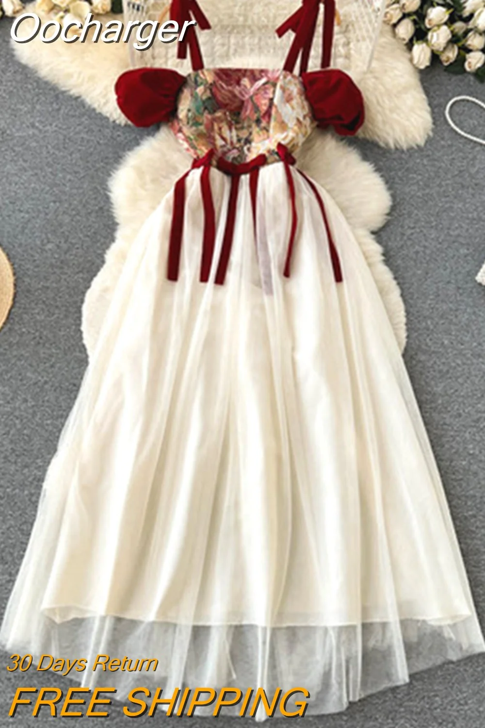 Oocharger Women Dresses Embroidered A-line Bandage Mesh Patchwork Vintage Vestidos Korean Fashion Summer Floral Robe Femme