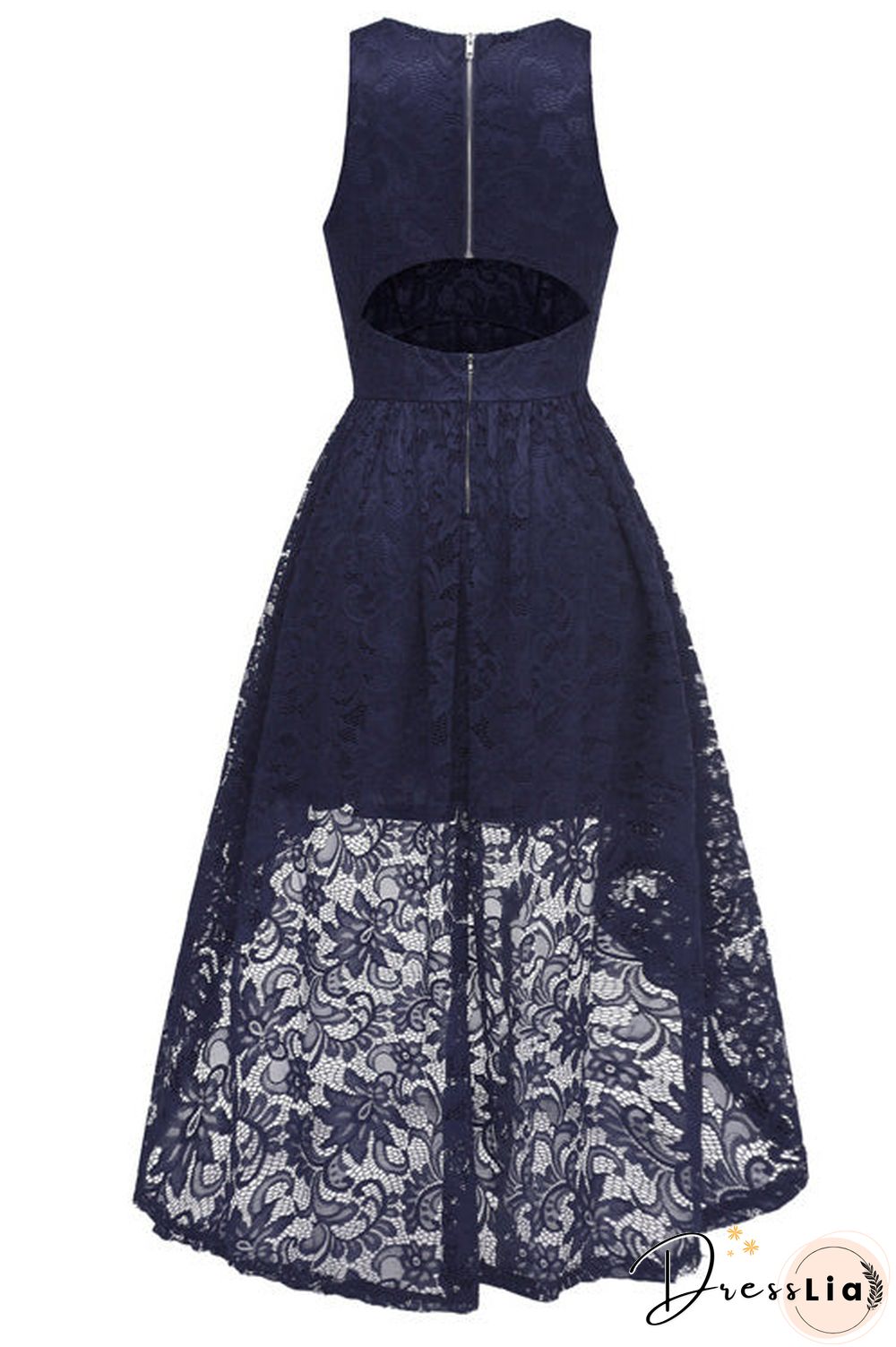 Dark Navy High Low Cut Out Lace Prom Dress