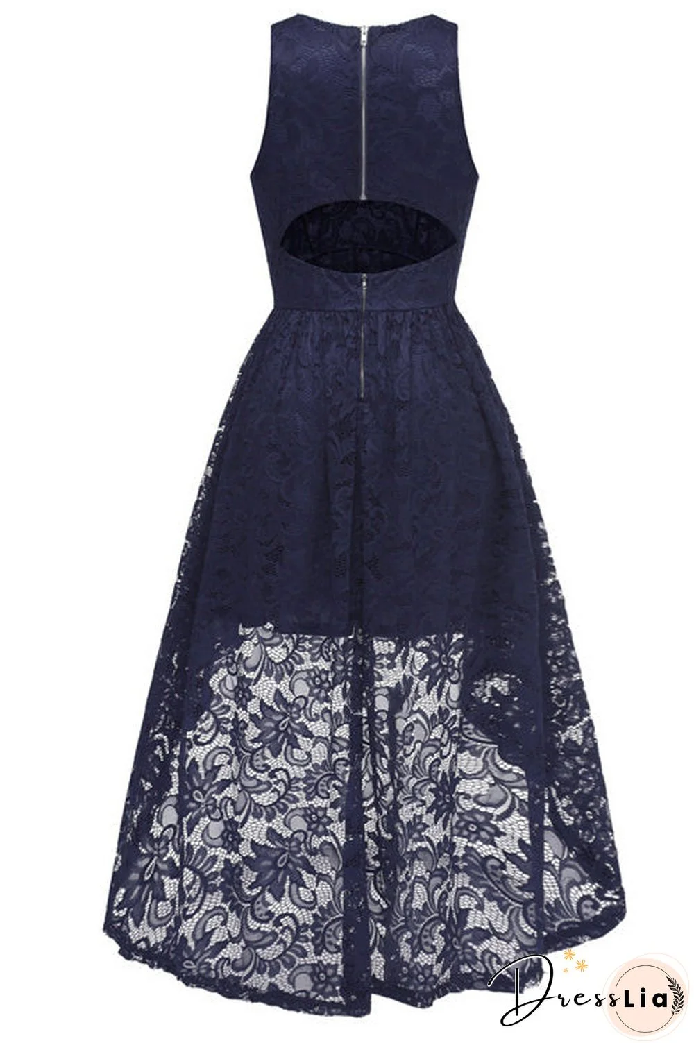 Dark Navy High Low Cut Out Lace Prom Dress