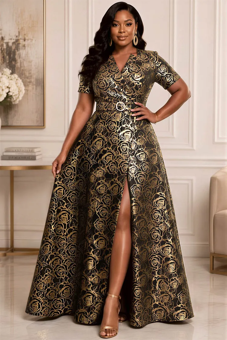 Xpluswear Design Plus Size Formal Gold Short Sleeve Pocket Split Satin Maxi Dresses Gold-2XL/18-20