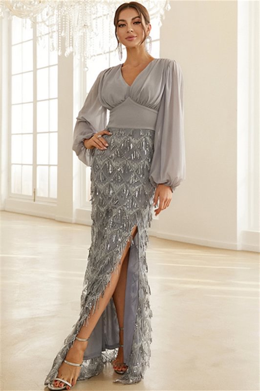 Luluslly Long Sleeves V-Neck Mermaid Evening Dress Sequins Tassels With Slit YE0130