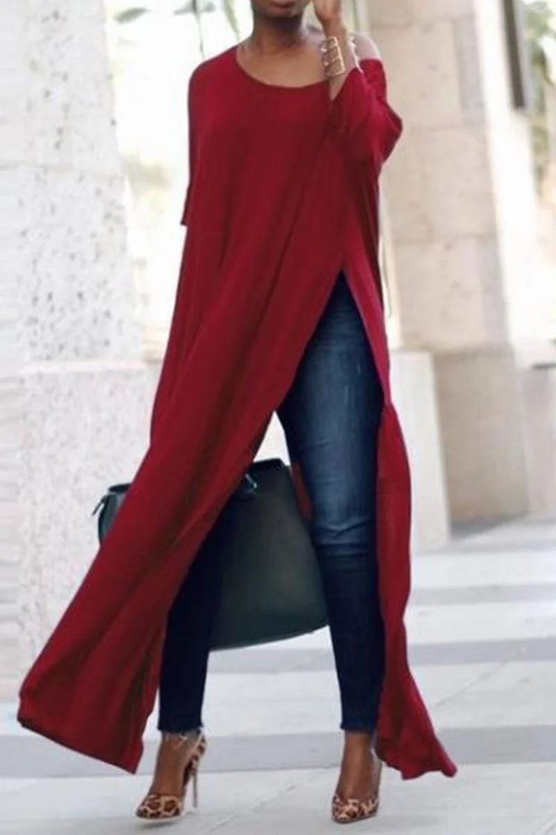 Red Casual Solid Patchwork Slit O Neck Straight Dresses | EGEMISS